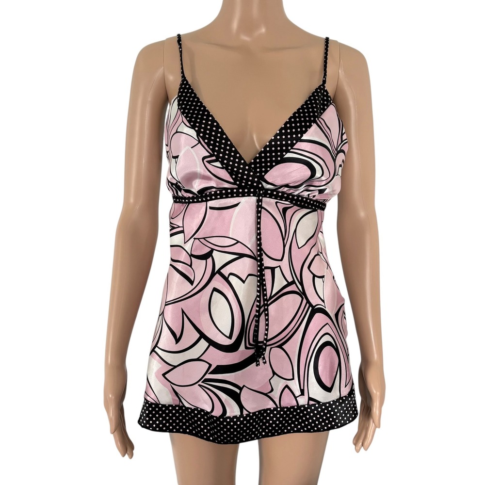 Tempted Hearts Y2K Pink Blck Floral Satin Cami Babydoll Tunic M Coquette McBling